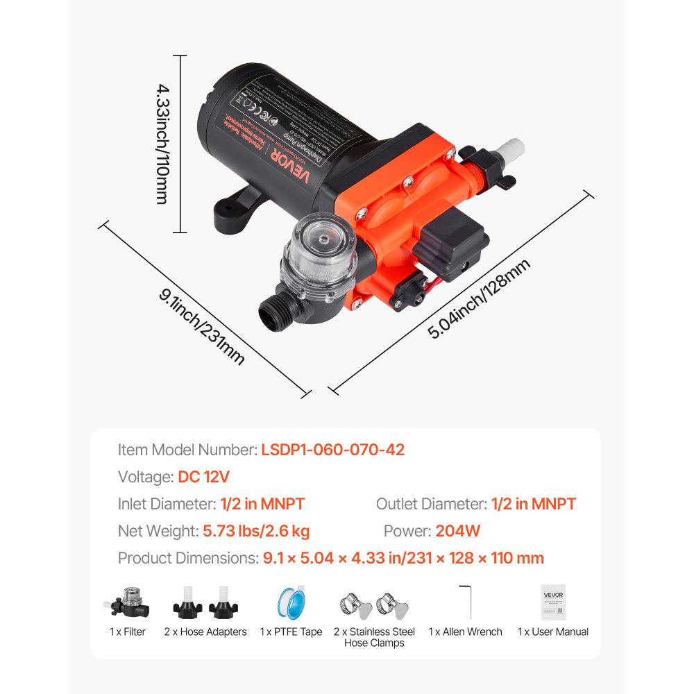 VEVOR RV Water Pump, 12V DC 6 GPM (22.7 L/min), 4-Chamber Self-Priming Diaphragm Water Pump with Automatic Pressure Switch, 70 PSI Max Pressure, On Demand for RV, Caravan, Marine, Yacht, Car Washing