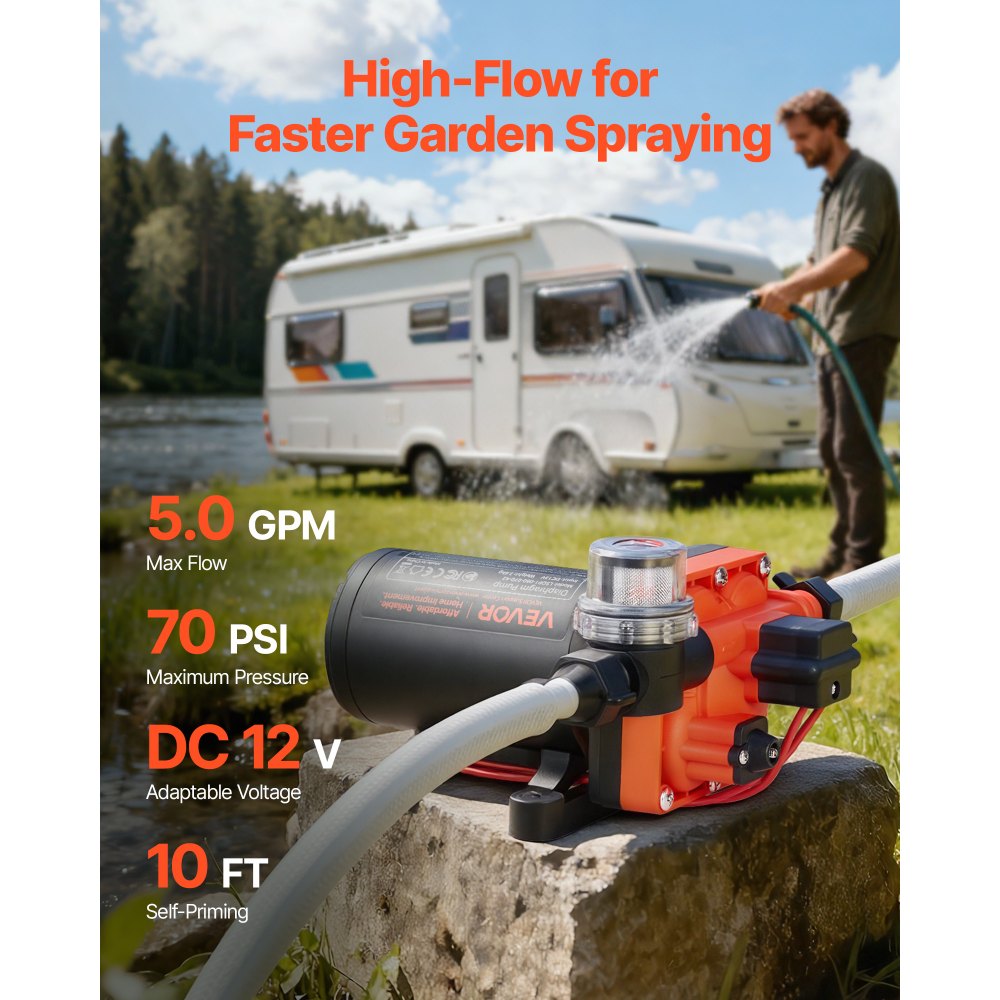 VEVOR RV Water Pump, 12V DC 5 GPM (18.9 L/min), 4-Chamber Self-Priming Diaphragm Water Pump with Automatic Pressure Switch, 70 PSI Max Pressure, On Demand for RV, Caravan, Marine, Yacht, Car Washing