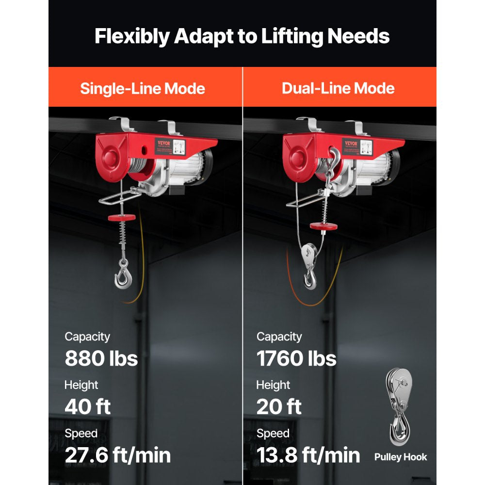 VEVOR Electric Hoist, 1760 lbs 120V Electric Winch with 328 ft Wireless Remote Control, 40 ft Single Cable Lifting Height, Single/Double Slings, Emergency Stop, Lift Hoist for Garage Warehouse Factory