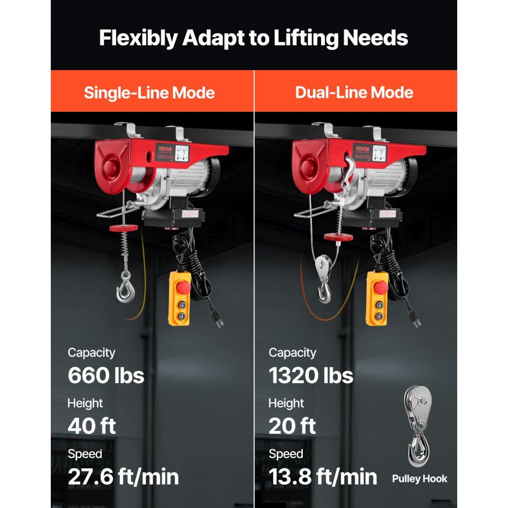 VEVOR Electric Hoist, 1320 lbs 120V Electric Winch with 328 ft Wireless & 14 ft Wired Remote Control, 40 ft Single Cable Lifting Height, Single/Double Slings, Lift Hoist for Garage Warehouse Factory