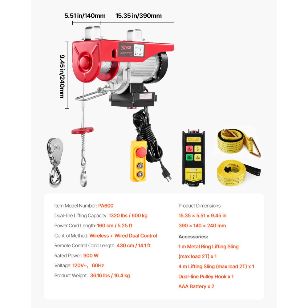 VEVOR Electric Hoist, 1320 lbs 120V Electric Winch with 328 ft Wireless & 14 ft Wired Remote Control, 40 ft Single Cable Lifting Height, Single/Double Slings, Lift Hoist for Garage Warehouse Factory