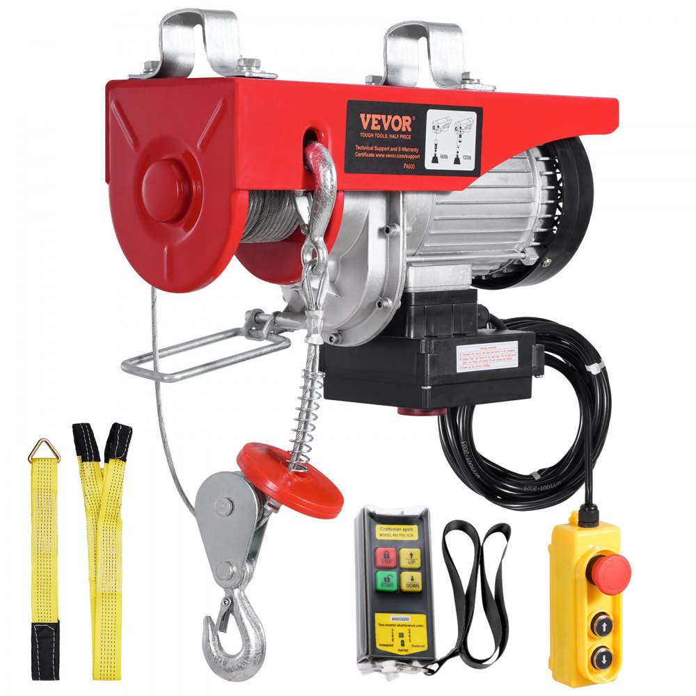 VEVOR Electric Hoist, 1320 lbs 120V Electric Winch with 328 ft Wireless & 14 ft Wired Remote Control, 40 ft Single Cable Lifting Height, Single/Double Slings, Lift Hoist for Garage Warehouse Factory