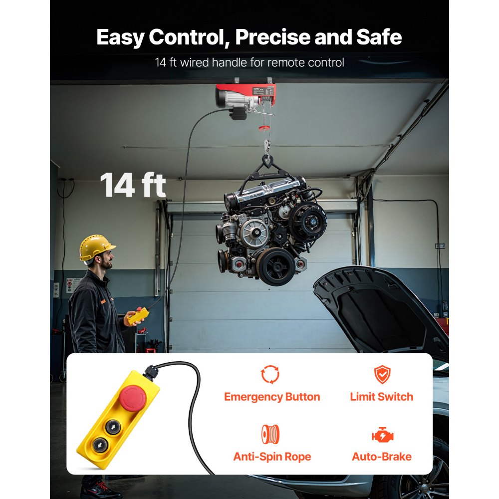 VEVOR Electric Hoist, 1320 lbs Lifting Capacity, 1150W 110V Electric Steel Wire Winch with 14ft Wired Remote Control, 40ft Single Cable Lifting Height & Pure Copper Motor, for Garage Warehouse Factory