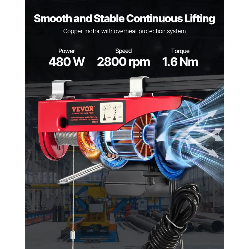 VEVOR Electric Hoist, 440lbs Garage Hoist with 14ft Wired Control, 110 volt Electric Hoist Winch 40ft Single Cable Lifting Height, Pure Copper Motor and Emergency Stop Switch