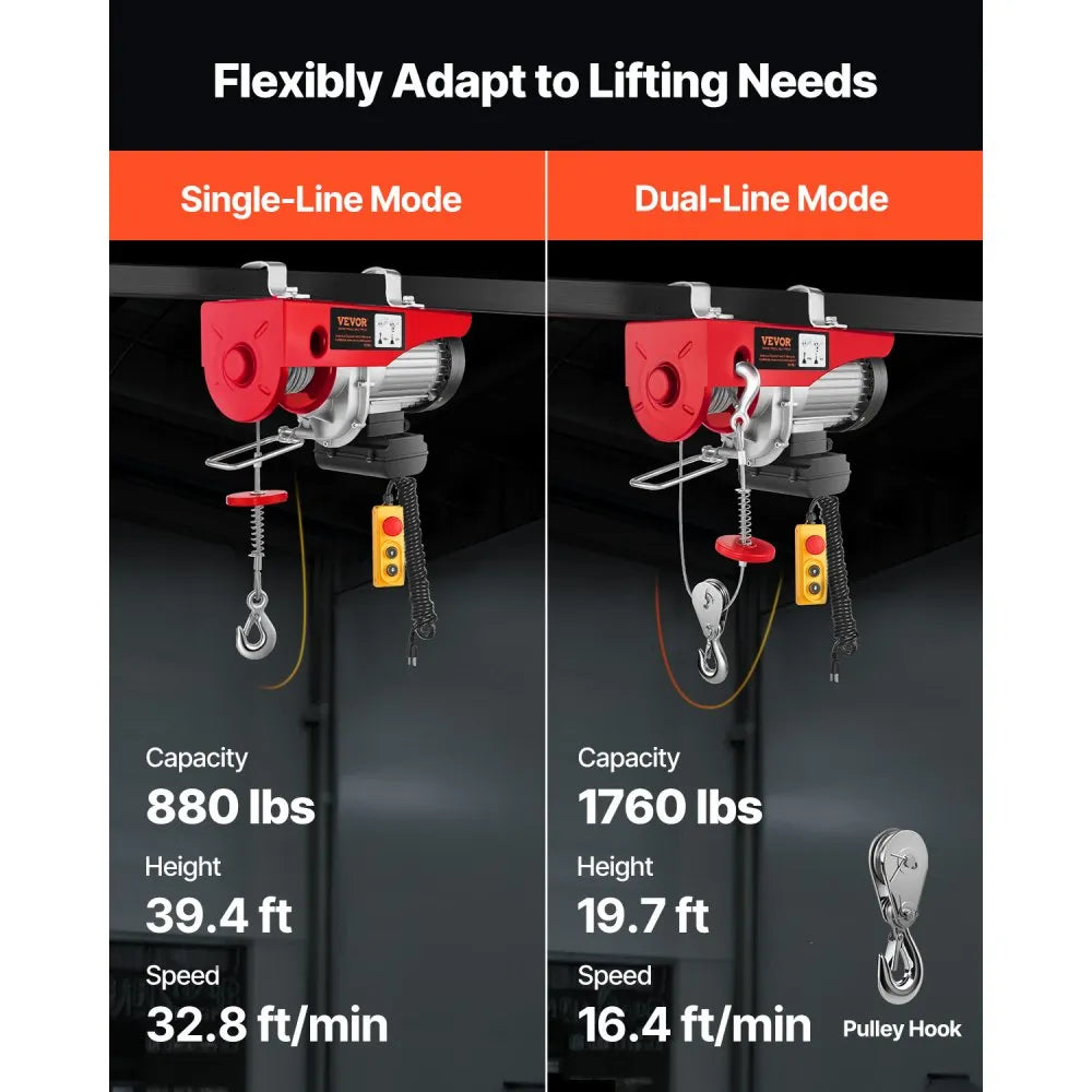 VEVOR Electric Hoist 1760lbs with 14ft Wired Remote Control, Electric Hoist 110 Volt with 40ft Single Cable Lifting Height & Pure Copper Motor, for Garage Warehouse Factory