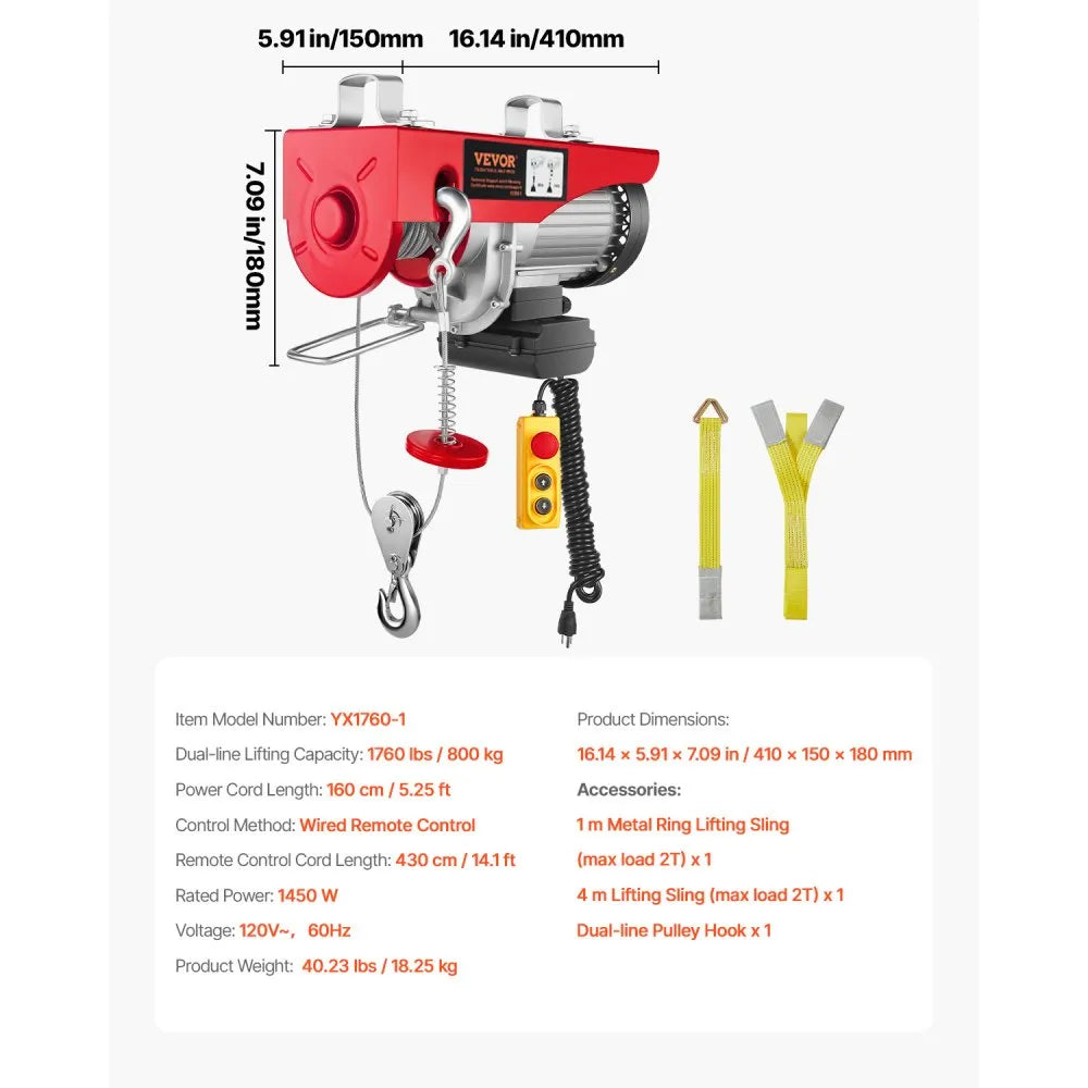VEVOR Electric Hoist 1760lbs with 14ft Wired Remote Control, Electric Hoist 110 Volt with 40ft Single Cable Lifting Height & Pure Copper Motor, for Garage Warehouse Factory