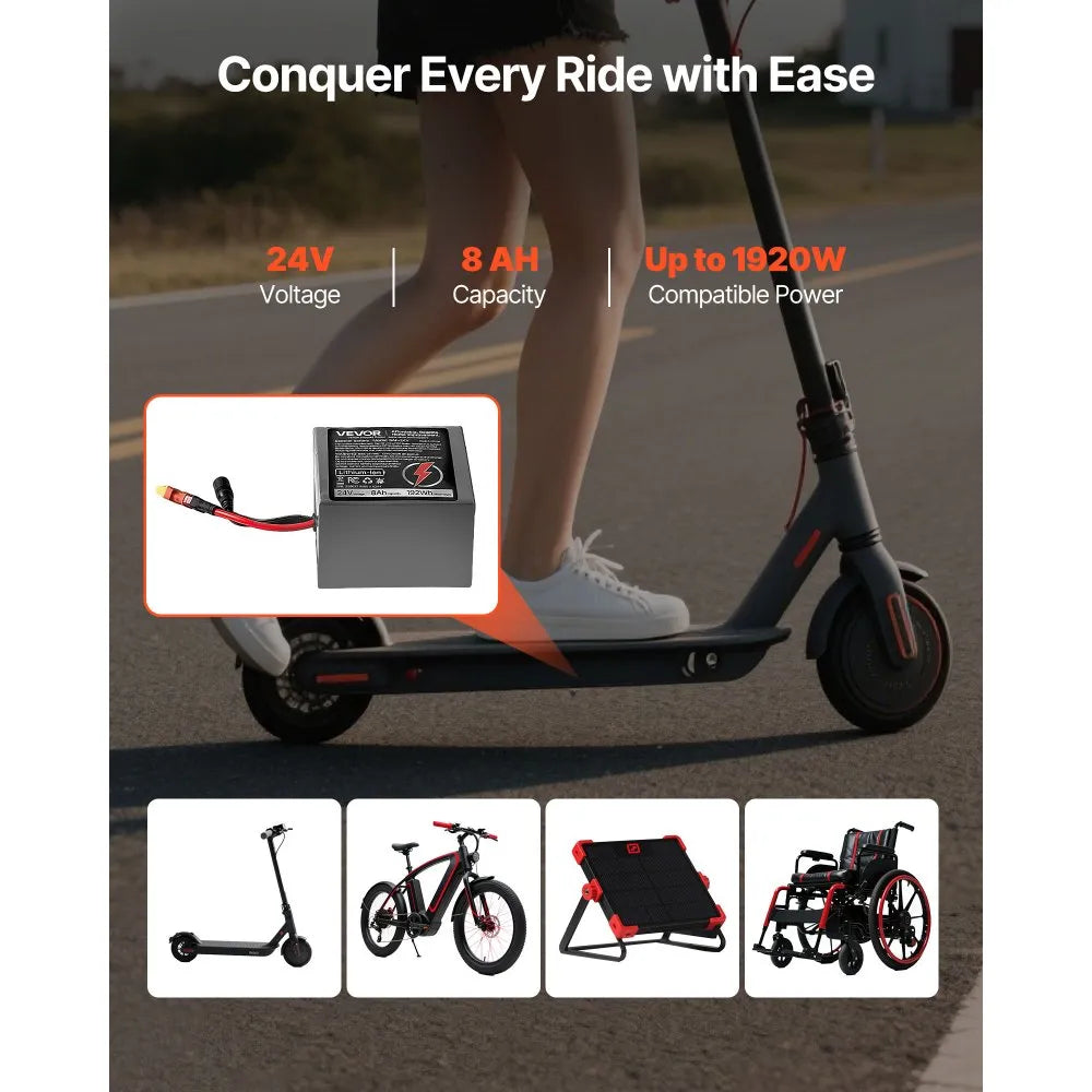 VEVOR 24V Electric Scooter Battery, 8Ah, Ebike Lithium Battery Pack with 30A BMS, Charger, T-Plug Expansion Cable, 500+ Cycles, Compatible with 1920W Motors, for Electric Bikes Bicycles, Scooters
