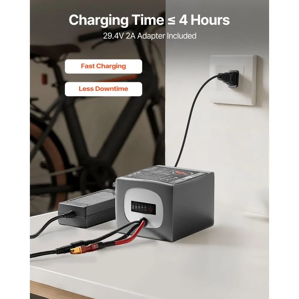 VEVOR 24V Electric Scooter Battery, 8Ah, Ebike Lithium Battery Pack with 30A BMS, Charger, T-Plug Expansion Cable, 500+ Cycles, Compatible with 1920W Motors, for Electric Bikes Bicycles, Scooters
