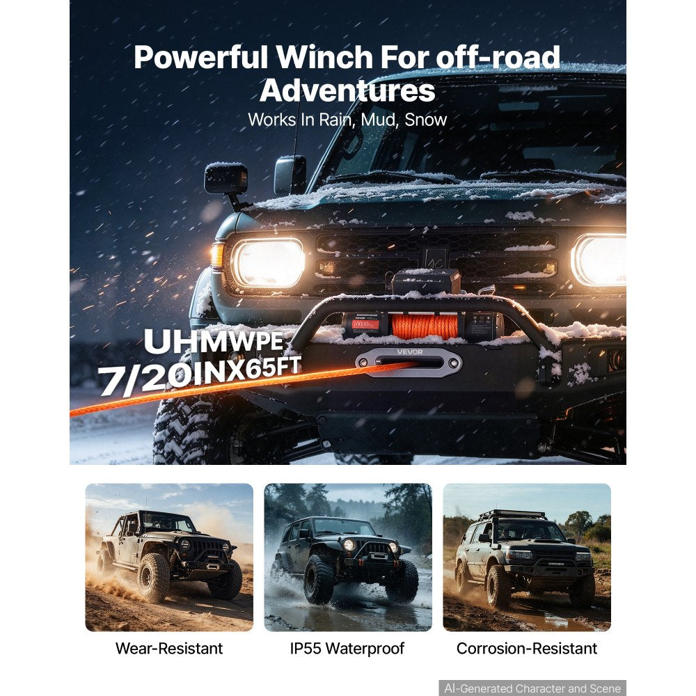 VEVOR Electric Winch, 10,000 lbs, 12V DC Truck Winch with Synthetic Rope, for Towing Off-Road SUVs, Trailers & Boats, 7/20 in x 65 ft Line, Aluminum Fairlead, Wireless & Wired Remote Control, IP55