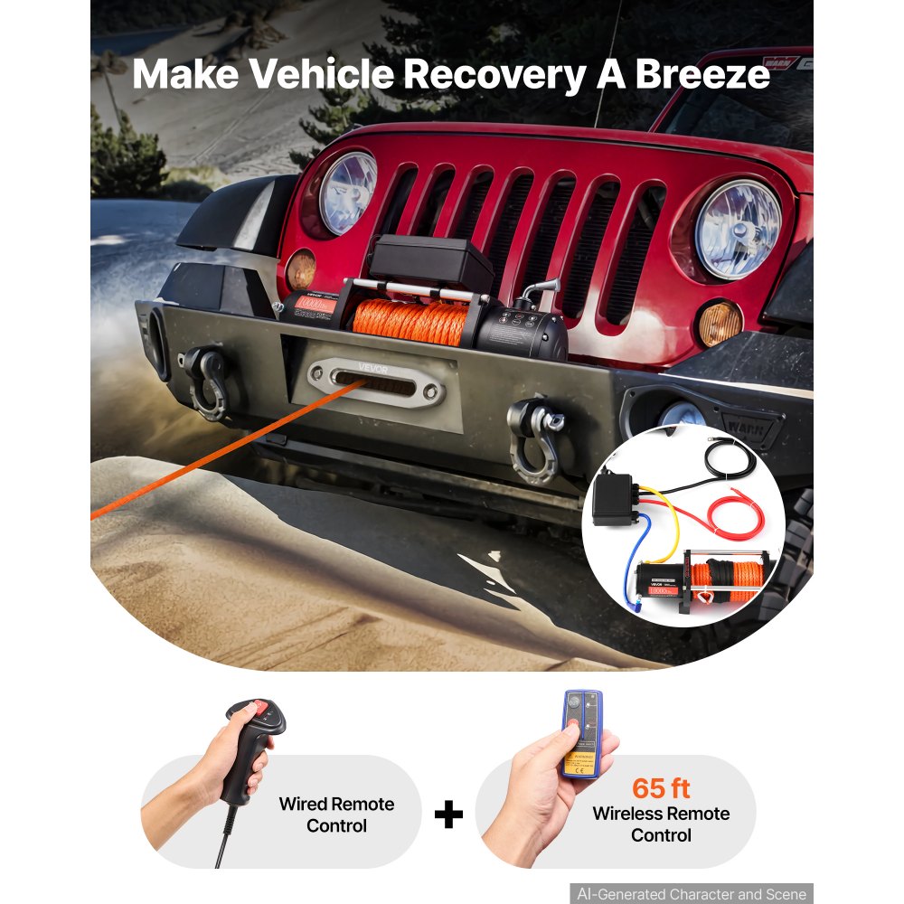 VEVOR Electric Winch, 10,000 lbs, 12V DC Truck Winch with Synthetic Rope, for Towing Off-Road SUVs, Trailers & Boats, 7/20 in x 65 ft Line, Aluminum Fairlead, Wireless & Wired Remote Control, IP55