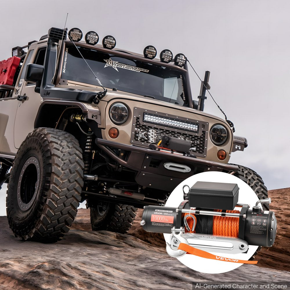 VEVOR Electric Winch, 10,000 lbs, 12V DC Truck Winch with Synthetic Rope, for Towing Off-Road SUVs, Trailers & Boats, 7/20 in x 65 ft Line, Aluminum Fairlead, Wireless & Wired Remote Control, IP55