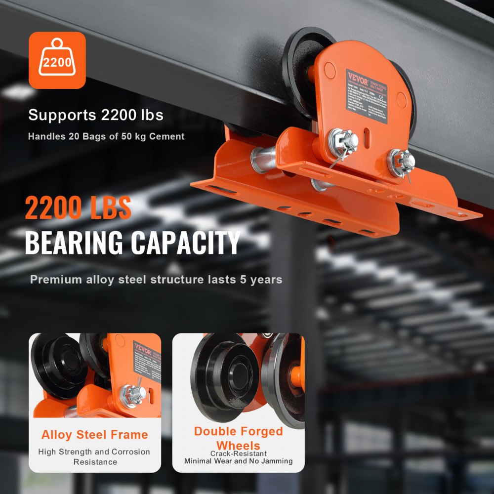 VEVOR Electric Hoist Manual Trolley, 2200 lbs/1 Ton Capacity for PA200 PA250 PA300 PA400 PA500, Push Beam Trolley with Dual Wheels, 2.68"-4.33" Adjustable Beam Flange Width for Straight Curved I Beam