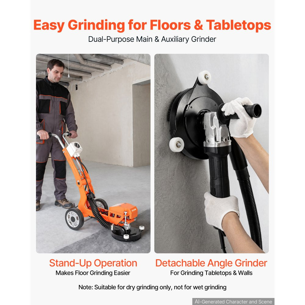 VEVOR Electric Concrete Grinder, 1400W 3600 RPM, Walk Behind Floor Polisher, Marble, Stone, Epoxy Floor Polishing, 7 in Grinding Disc, Adjustable Handle, with Vacuum Port, Dual Debris Control, Orange
