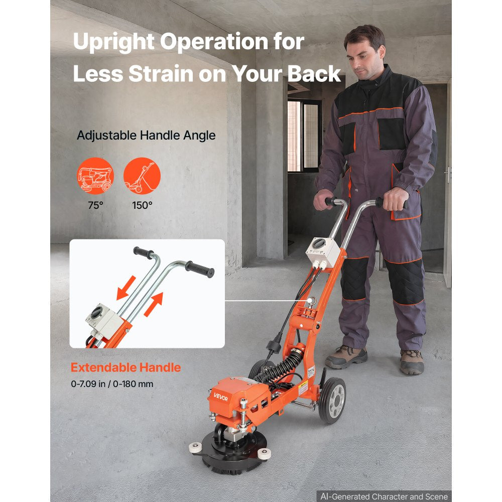 VEVOR Electric Concrete Grinder, 1400W 3600 RPM, Walk Behind Floor Polisher, Marble, Stone, Epoxy Floor Polishing, 7 in Grinding Disc, Adjustable Handle, with Vacuum Port, Dual Debris Control, Orange