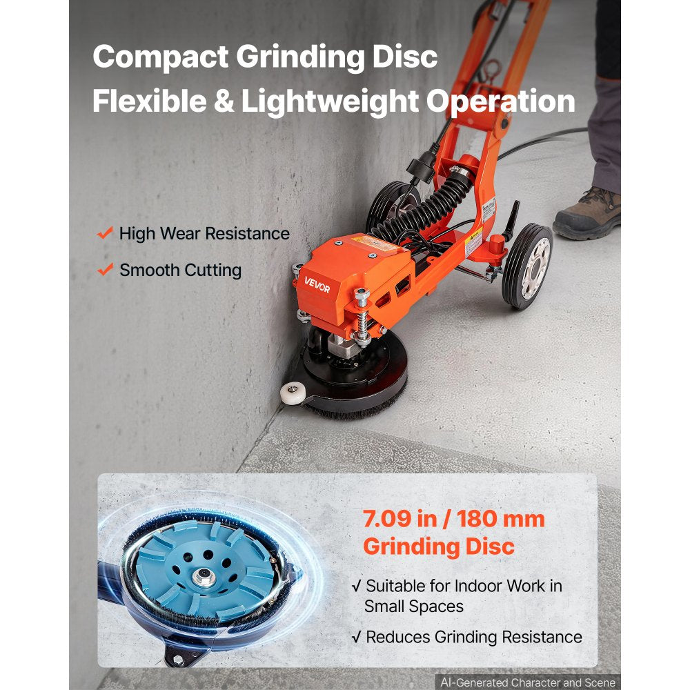 VEVOR Electric Concrete Grinder, 1400W 3600 RPM, Walk Behind Floor Polisher, Marble, Stone, Epoxy Floor Polishing, 7 in Grinding Disc, Adjustable Handle, with Vacuum Port, Dual Debris Control, Orange