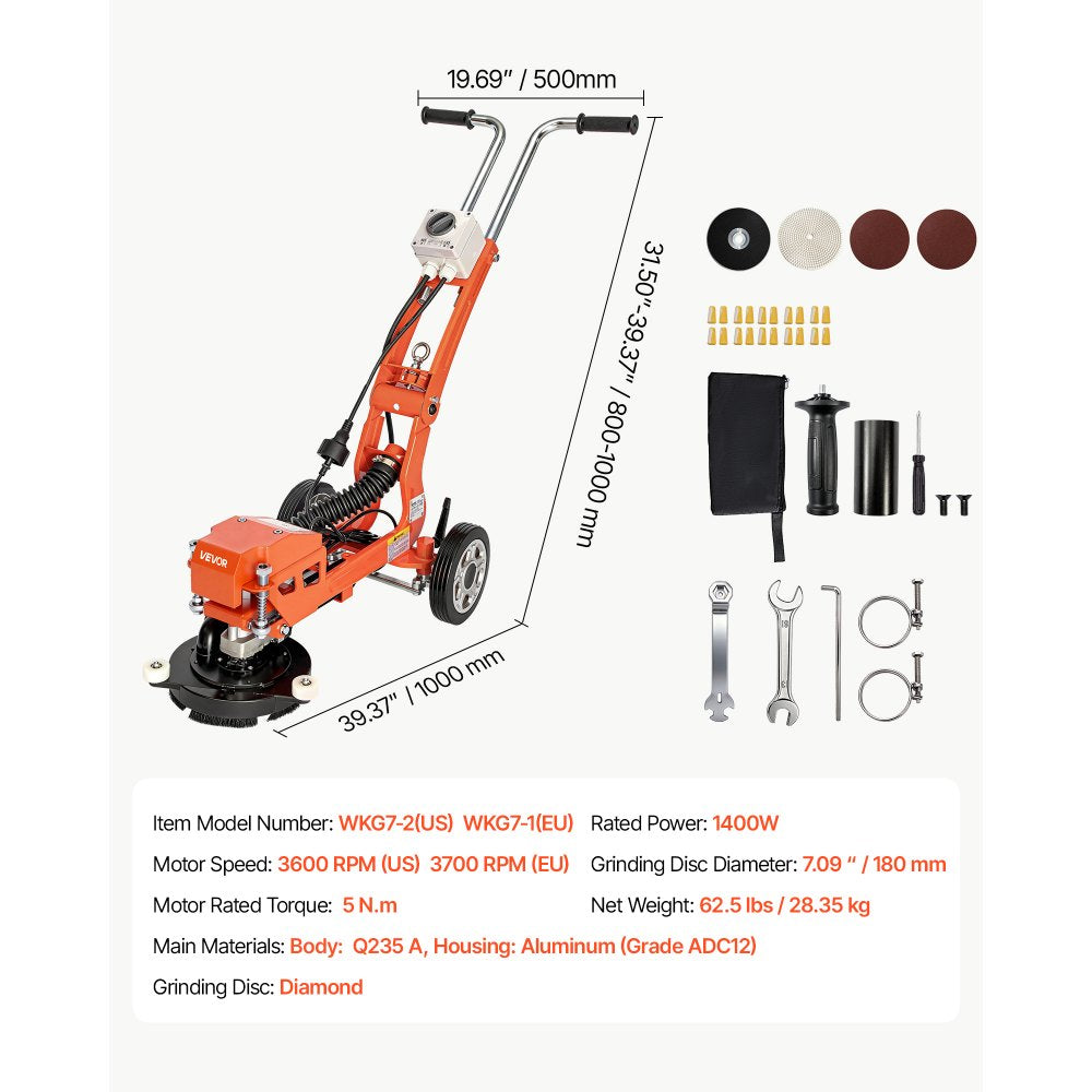 VEVOR Electric Concrete Grinder, 1400W 3600 RPM, Walk Behind Floor Polisher, Marble, Stone, Epoxy Floor Polishing, 7 in Grinding Disc, Adjustable Handle, with Vacuum Port, Dual Debris Control, Orange