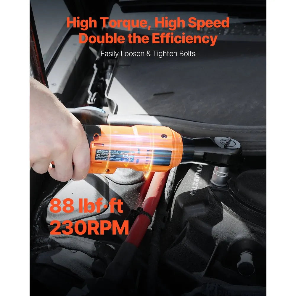 VEVOR Cordless Ratchet Wrench, 3/8 inch Drive, 230 RPM, up to 88 ft-lbs of Torque, Battery Powered Electric Ratchet Wrench Set with Two 2.0Ah Batteries, Charger, Sockets, Adaptors and Cloth Bag