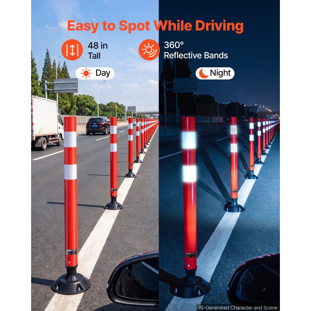 VEVOR Traffic Cones Delineator Posts, 48 Inch 8-Pack Orange Safety Post Cones with 4-Point Fixed Base & Reflective Strips for Parking Lots, Traffic Control, Road Safety, Construction Zones