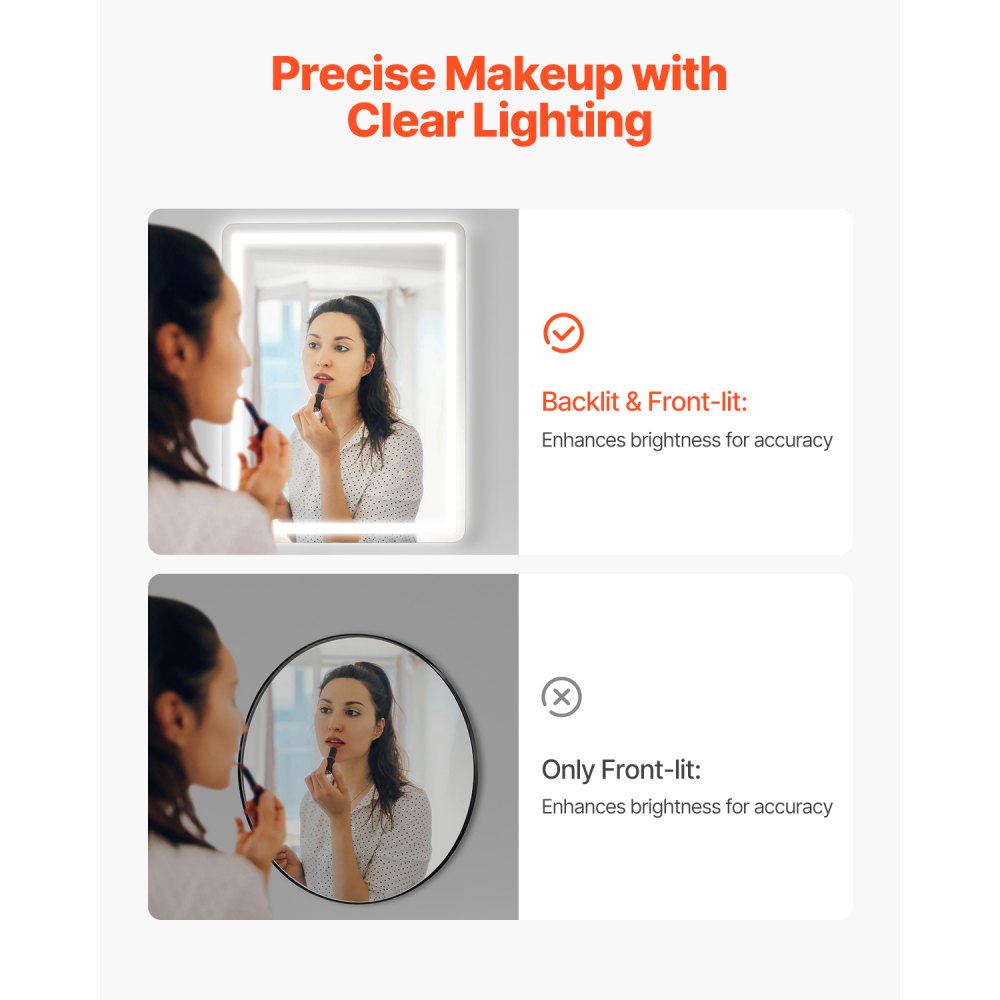 VEVOR LED Bathroom Mirror, 24" x 32" LED Bathroom Vanity Mirror with Frontlit and Backlit, Anti-Fog Memory Mirror with Lights, Stepless 3 Colors Temperature Dimmable Bathroom Mirror, Wall Mounted