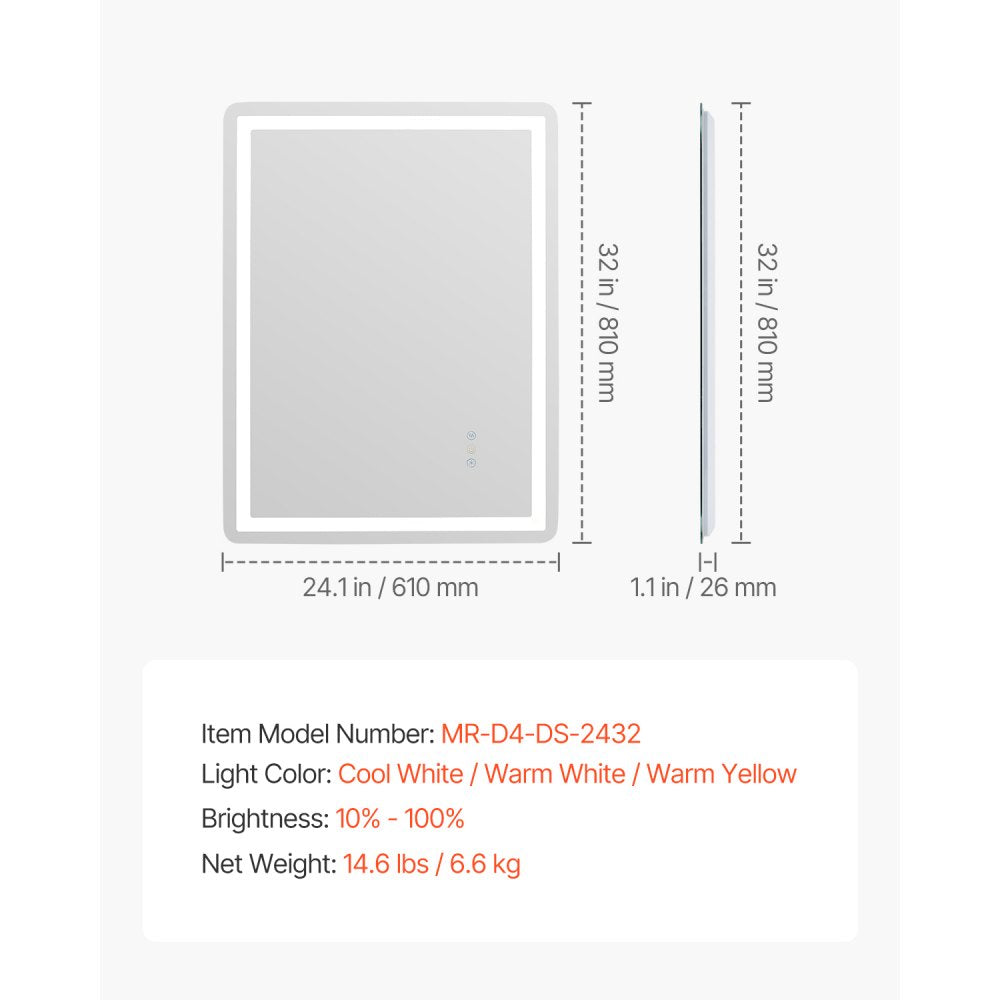 VEVOR LED Bathroom Mirror, 24" x 32" LED Bathroom Vanity Mirror with Frontlit and Backlit, Anti-Fog Memory Mirror with Lights, Stepless 3 Colors Temperature Dimmable Bathroom Mirror, Wall Mounted