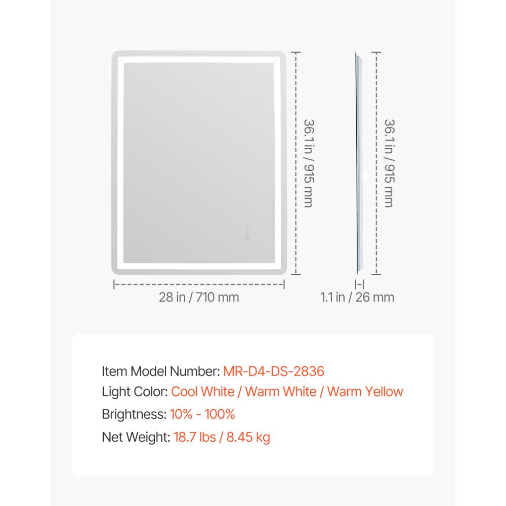 VEVOR LED Bathroom Mirror, 28" x 36" LED Bathroom Vanity Mirror with Frontlit and Backlit, Anti-Fog Memory Mirror with Lights, Stepless 3 Colors Temperature Dimmable Bathroom Mirror, Wall Mounted