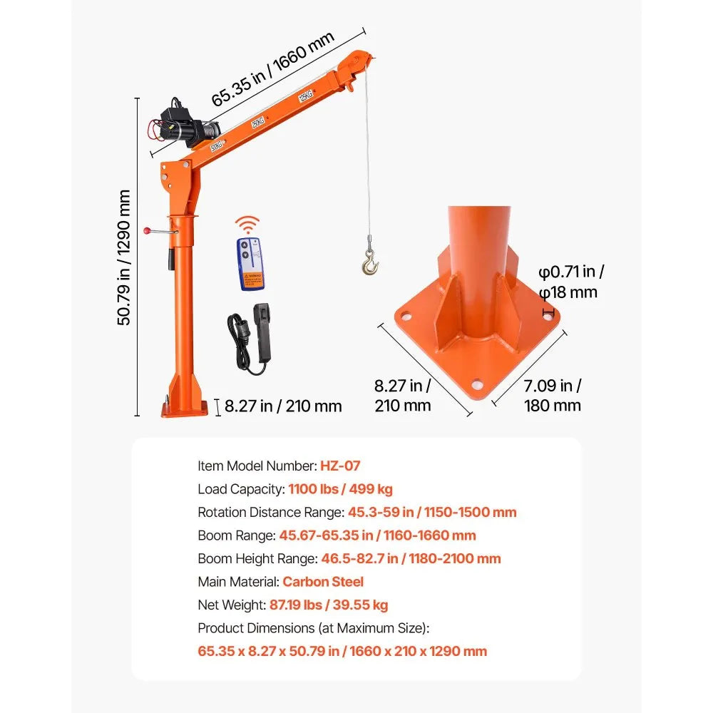 VEVOR Electric Truck Crane, 1100 lbs Pickup Truck Crane with 12V 3000 lbs Electric Winch, 360° Rotating Telescopic Boom, Premium Galvanized Steel, Foldable Pickup Bed Jib for Machine Lumber Lifting