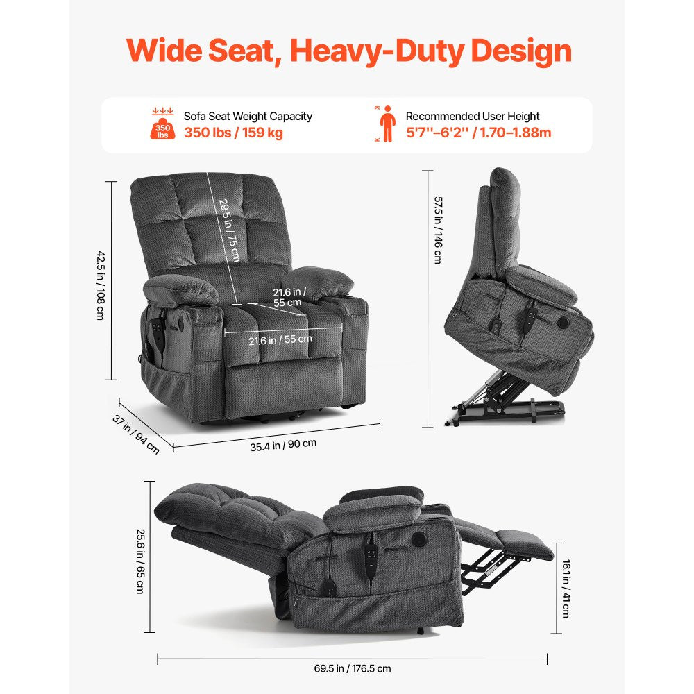 VEVOR Power Lift Recliner Chair, Dual Motor, Large Electric Lift Chair with Heat and Massage for Elderly, Infinite Position Adjustment, Velvet Fabric, with Storage Pockets, Cup Holders, Dark Gray