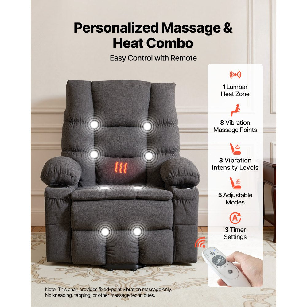 VEVOR Power Lift Recliner Chair, Large Electric Lift Chair with Heat and Massage for Elderly, Infinite Position Adjustment, Chenille Fabric, with Side Pockets, Cup Holders and USB Port, Dark Gray