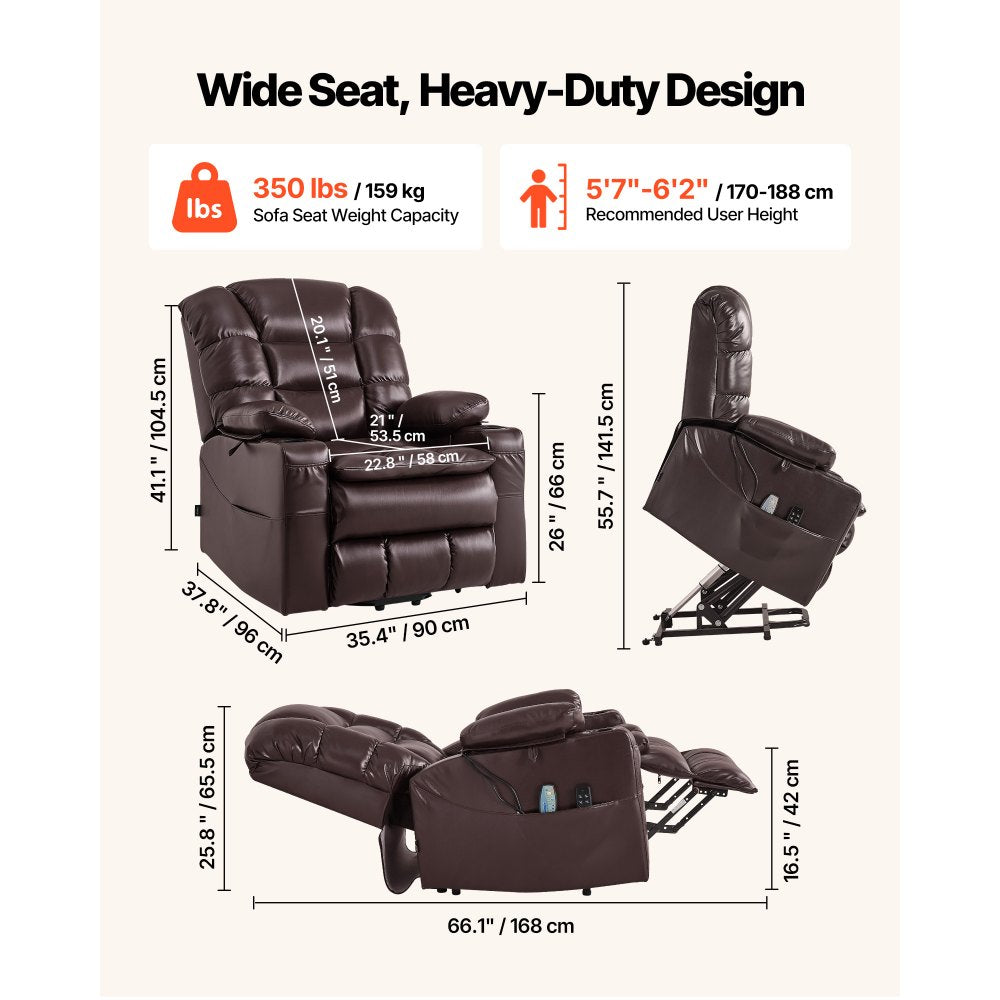 VEVOR Power Lift Recliner Chair, Triple-Motor, Large Electric Lift Chair with Heat and Massage for Elderly, Infinite Position Adjustment, Leather Surface, with Storage Pockets and Cup Holders, Brown