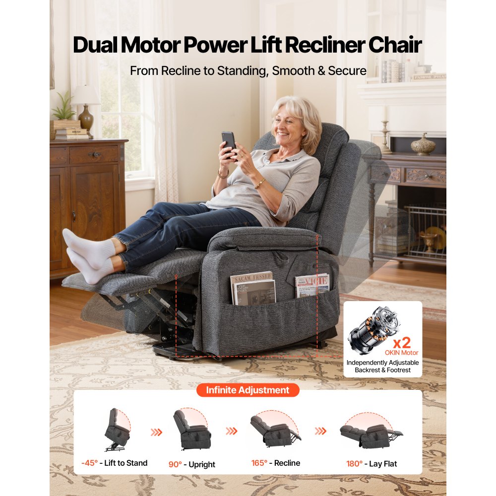 VEVOR Power Lift Recliner Chair, Dual Motor Medium Lift Chair with Heat and Massage for Elderly, Position Adjustable, Remote Control, with Side Pockets, Chenille Fabric, Dark Gray