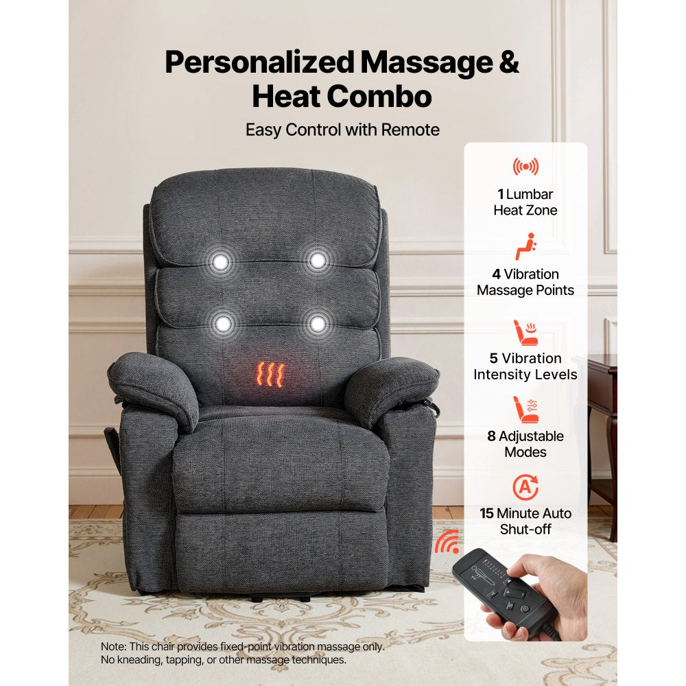 VEVOR Power Lift Recliner Chair, Dual Motor Medium Lift Chair with Heat and Massage for Elderly, Position Adjustable, Remote Control, with Side Pockets, Chenille Fabric, Dark Gray