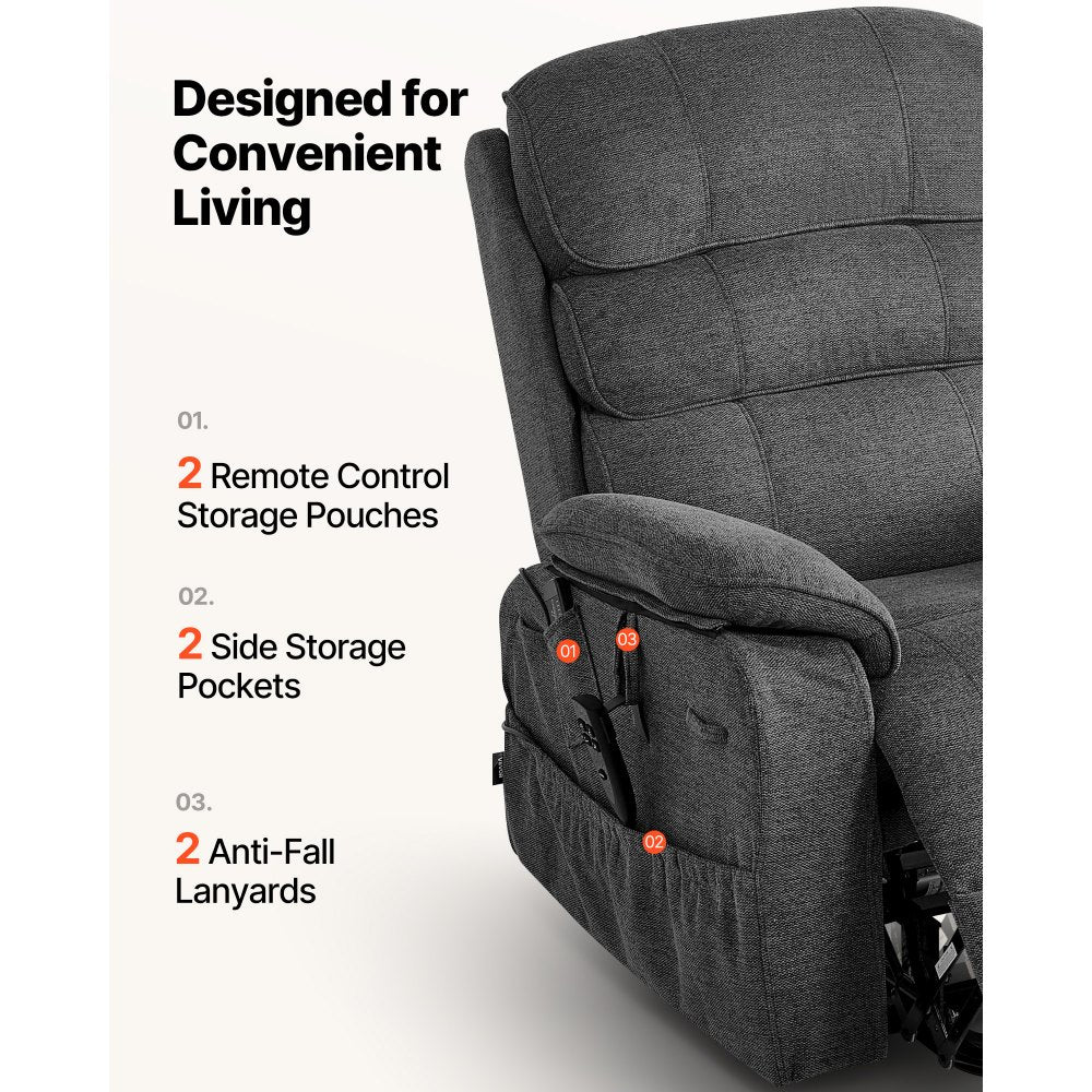 VEVOR Power Lift Recliner Chair, Dual Motor Medium Lift Chair with Heat and Massage for Elderly, Position Adjustable, Remote Control, with Side Pockets, Chenille Fabric, Dark Gray