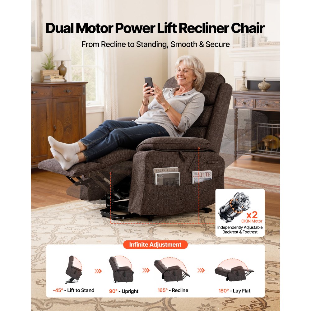 VEVOR Power Lift Recliner Chair, Dual Motor Medium Lift Chair with Heat and Massage for Elderly, Position Adjustable, Remote Control, with Side Pockets, Chenille Fabric, Brown