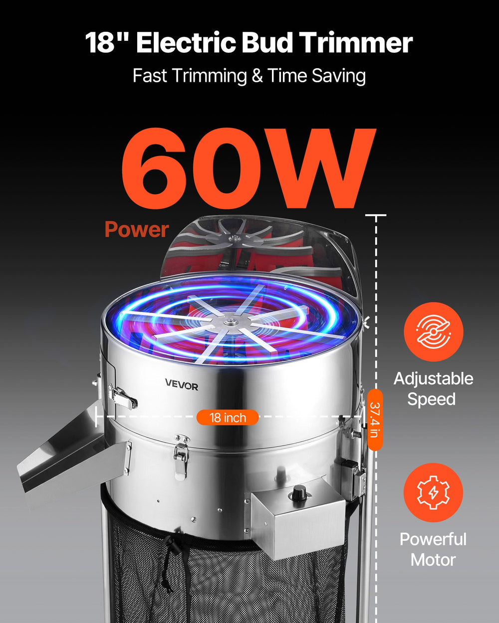 VEVOR 18 inch Electric Bud Trimmer feature graphic (power, adjustable speed)