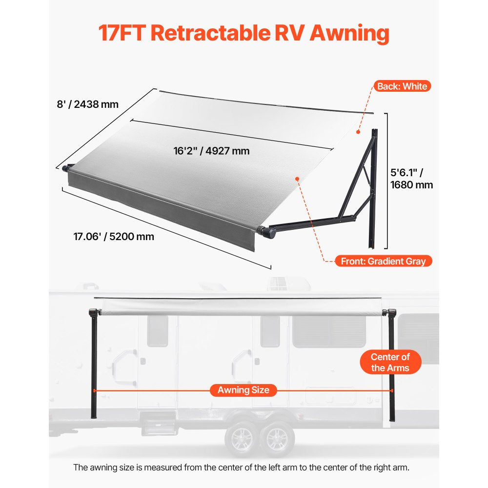 VEVOR Motorized RV Awning Complete Kit, 17.06FT Electric Retractable RV Awning with Aluminum Alloy Frame & Waterproof Fabric, Outdoor Camping Trailer Awnings Fit Most RVs (17FT Type, Gradient Gray)