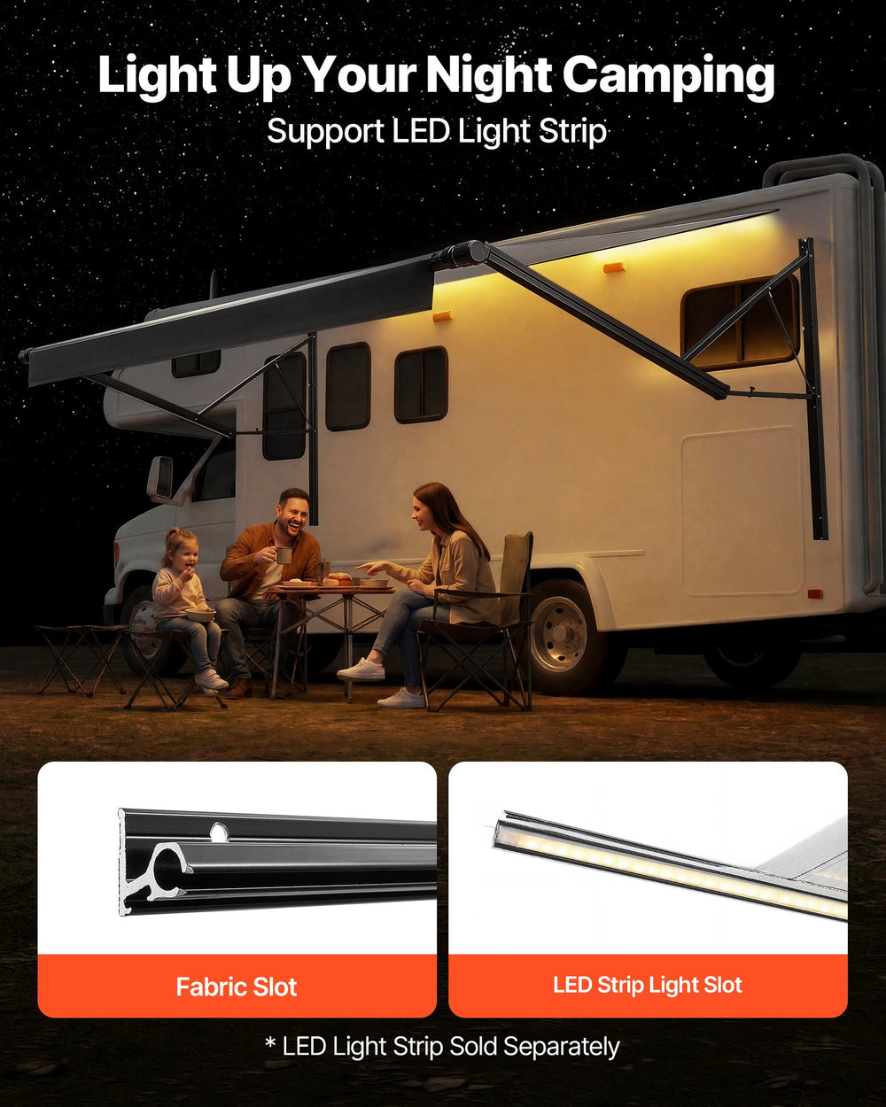VEVOR Motorized RV Awning Complete Kit, 15.06FT Electric Retractable RV Awning with Aluminum Alloy Frame & Waterproof Fabric, Outdoor Camping Trailer Awnings Fit Most RVs (15FT Type, Gradient Black)