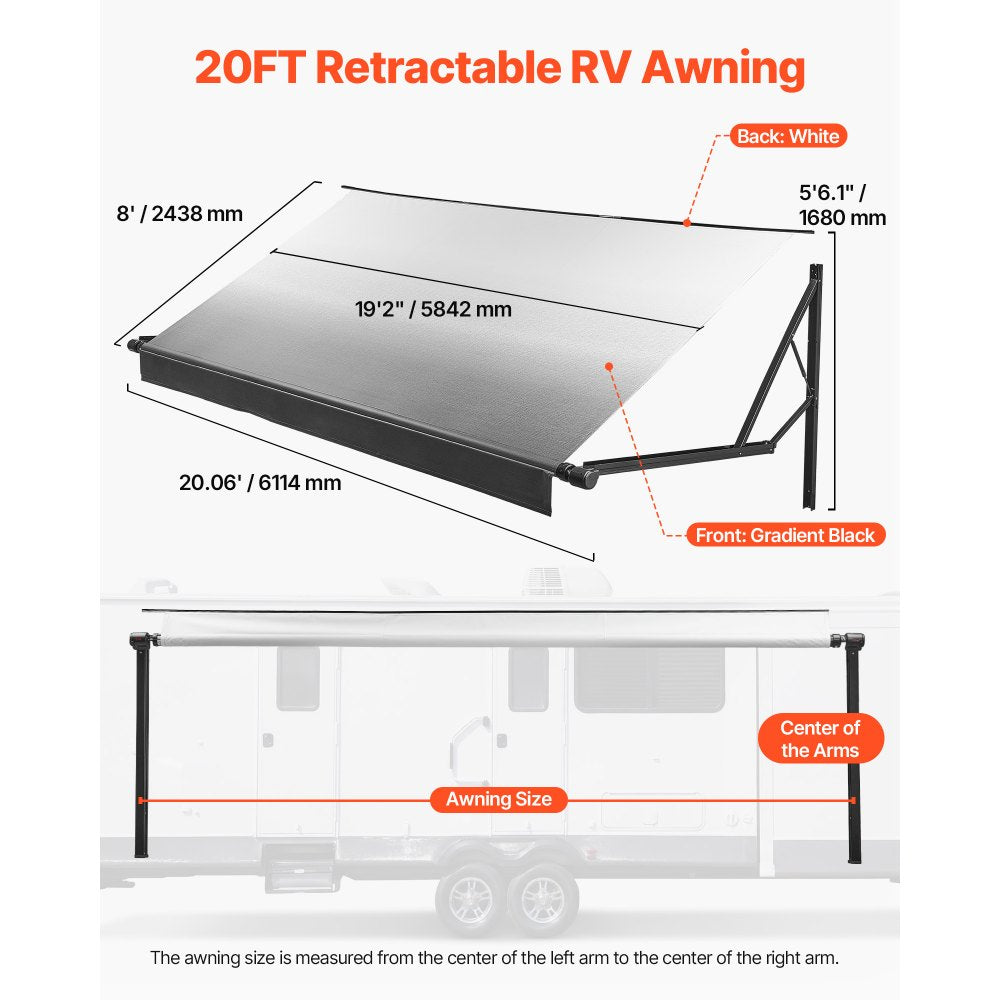 VEVOR Motorized RV Awning Complete Kit, 20.06FT Electric Retractable RV Awning with Aluminum Alloy Frame & Waterproof Fabric, Outdoor Camping Trailer Awnings Fit Most RVs (20FT Type, Gradient Black)