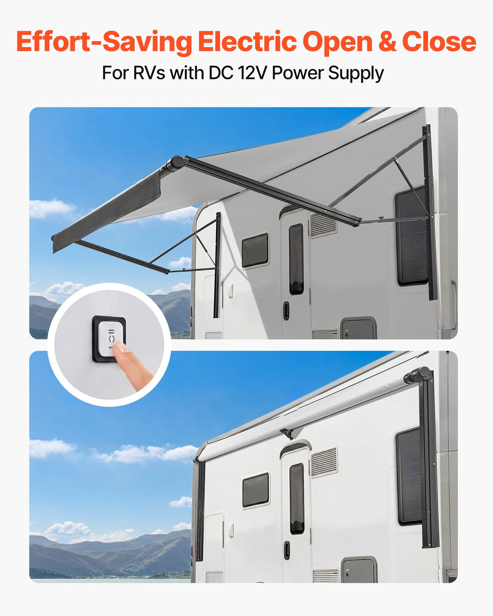 VEVOR Motorized RV Awning Complete Kit, 20.06FT Electric Retractable RV Awning with Aluminum Alloy Frame & Waterproof Fabric, Outdoor Camping Trailer Awnings Fit Most RVs (20FT Type, Gradient Black)