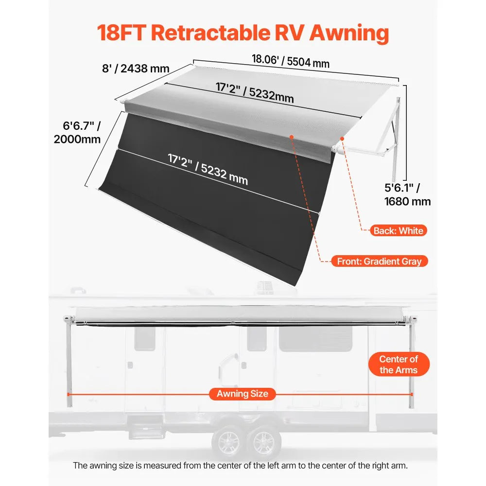 VEVOR Motorized RV Awning Complete Kit & Sunshade Screen, 18.06FT Electric Retractable RV Awning with Aluminum Alloy Frame & Waterproof Fabric, Outdoor Camping Trailer Awnings Fit Most RVs (18FT Type)