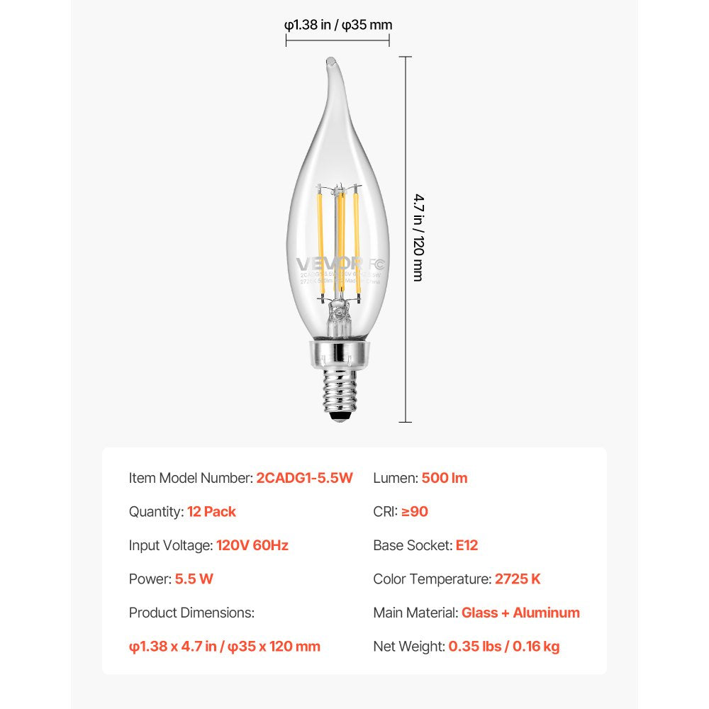 VEVOR LED Candelabra Bulbs, 12-Pack Dimmable Chandelier Light Bulbs, Vintage Flame Tip Candle Light Bulb with 2725K Warm Lighting, 90+ High CRI & E12 Base for Chandeliers, Wall Sconces & Table Lamps