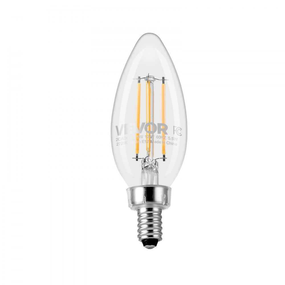 VEVOR LED Candelabra Bulbs, 12-Pack Dimmable Chandelier Light Bulbs, Vintage Clear Glass Candle Light Bulb with 2725K Warm Lighting, 90+ High CRI & E12 Base for Chandeliers, Wall Sconces & Table Lamps