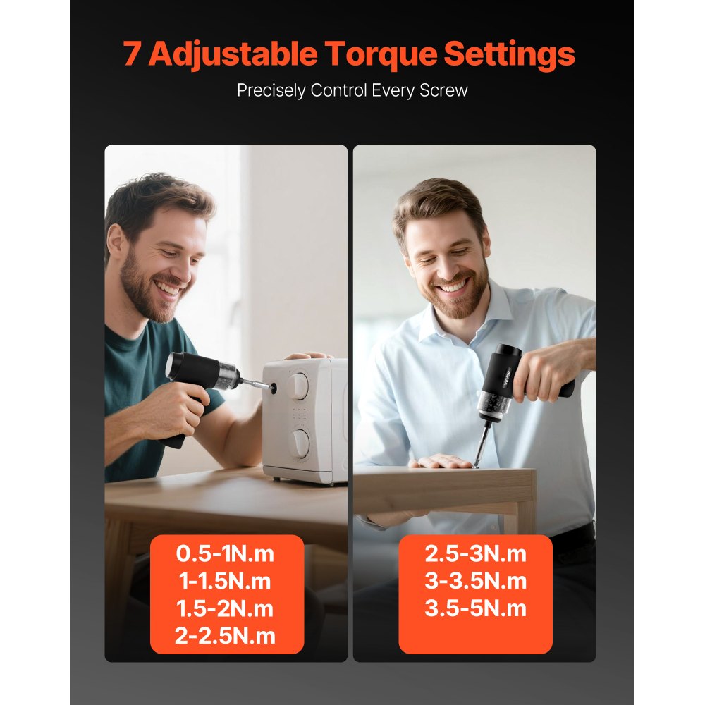 VEVOR Electric Screwdriver, 7 Torque Settings 0.5-5 N.m, 2500mAh Battery, Cordless Screwdriver Set with 32 PCS 1/4 in Bits, Digital Display, LED Light, Type-C Charging, for Furniture Electrical Repair