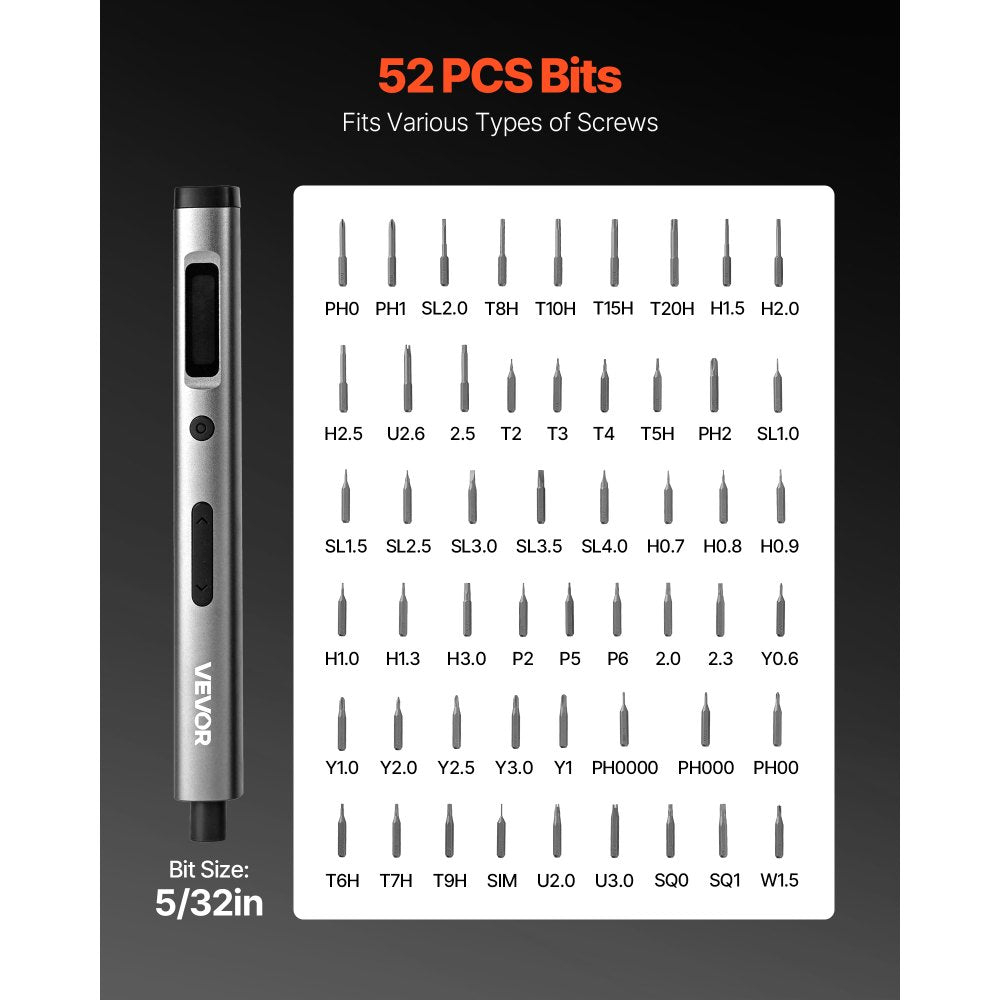 VEVOR Electric Precision Screwdriver Set, 52 Magnetic Bits, Mini Electric Screwdriver with Magnetic Storage Box, S2 Steel Bits, LED Light, Type-C Charging, for Phone, Laptop, and Electronics Repair