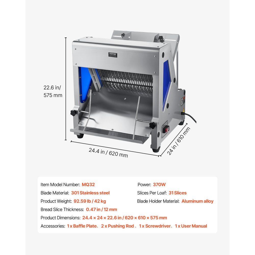 VEVOR Electric Bread Slicer, 370W Bread Slicing Machine, Die-Cast Aluminum Countertop Bread Cutter Machine for 12mm Slice Thickness, Commercial & Home Use for Bakeries Restaurants, 120V