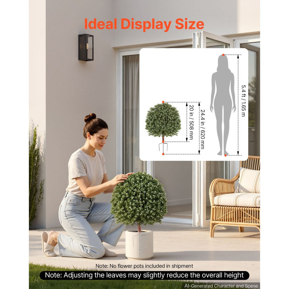 VEVOR Artificial Topiary Ball Boxwood Bush 20 in Set of 2 Green Fake Shrubs, PE Faux Trees with Metal Ground Spikes, Indoor & Outdoor Plant for Front Door, Entryway, Porch, Balcony, Patio, Garden