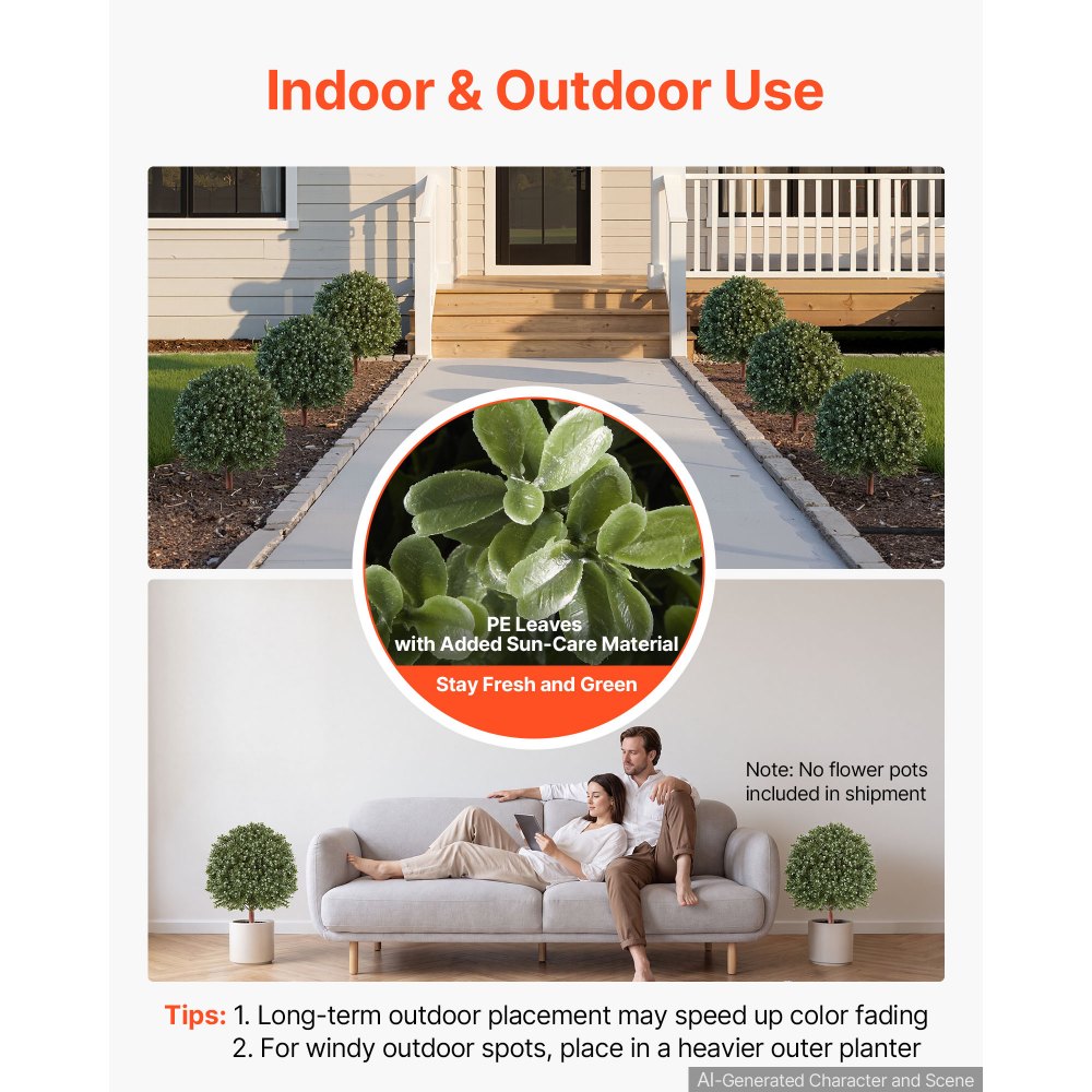 VEVOR Artificial Topiary Ball Boxwood Bush 20 in Set of 2 Green Fake Shrubs, PE Faux Trees with Metal Ground Spikes, Indoor & Outdoor Plant for Front Door, Entryway, Porch, Balcony, Patio, Garden