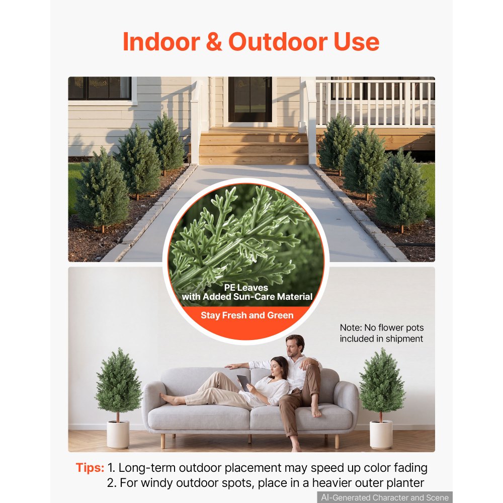 VEVOR Artificial Topiary Cedar Bush 3 Ft Set of 2 Greenery Fake Shrubs, PE Faux Trees with Ground Spikes, Indoor & Outdoor Green Plant for Front Door, Entryway, Porch, Balcony, Patio, Garden