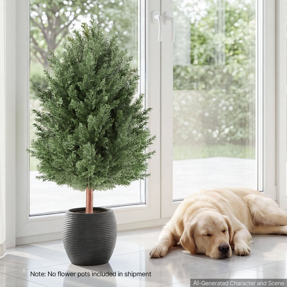 VEVOR Artificial Topiary Cedar Bush 3 Ft Set of 2 Greenery Fake Shrubs, PE Faux Trees with Ground Spikes, Indoor & Outdoor Green Plant for Front Door, Entryway, Porch, Balcony, Patio, Garden