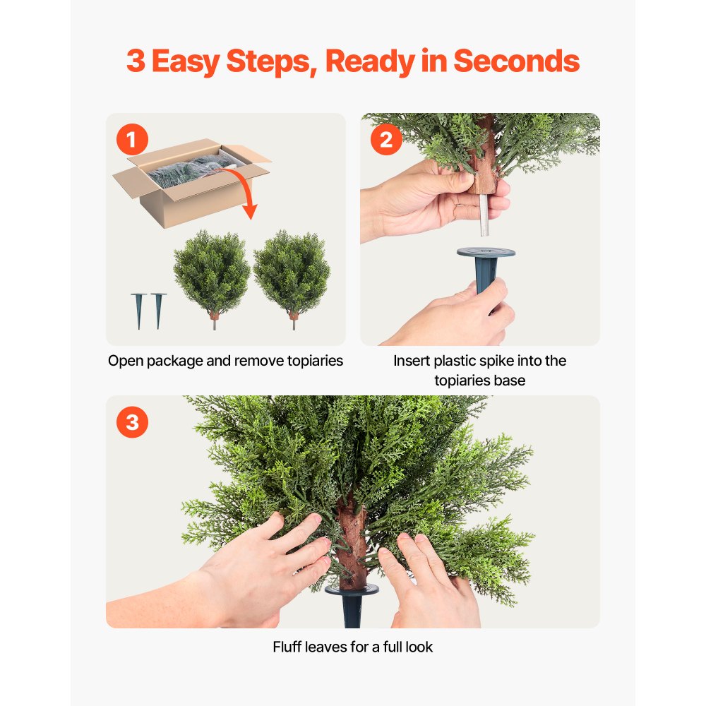 VEVOR Artificial Topiary Cypress Trees with Ground Spike, 16 inch 2 Set Faux Shrubs & Bushes Potted Plants, Fake Silk Tree Look Real for Decor Front Porch Outdoor Indoor Patio Garden Balcony Backyard