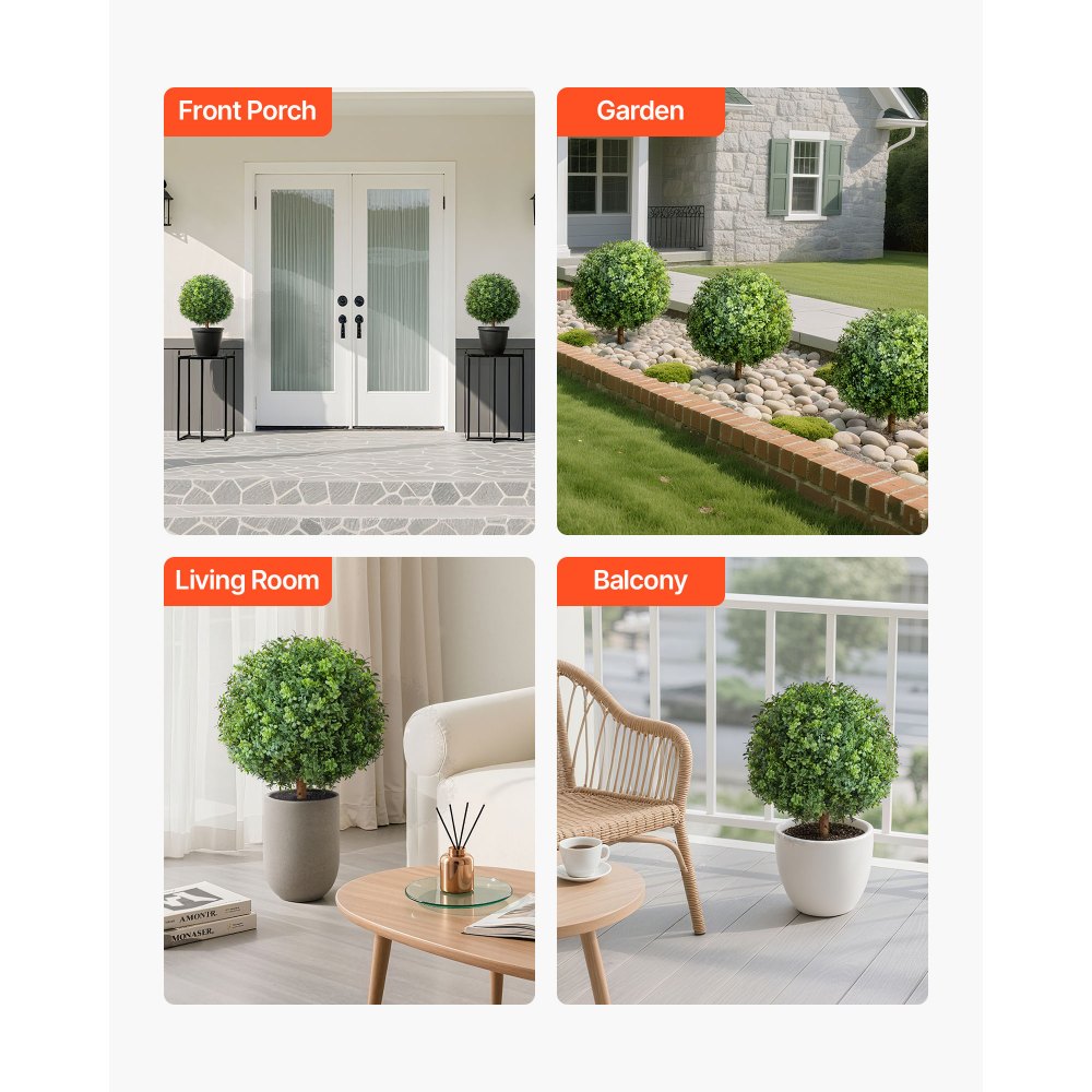 VEVOR Artificial Topiary Boxwood Trees with Ground Spike, 22 inch 2 Set Faux Shrubs & Bushes Potted Plants, Fake Silk Tree Look Real for Decor Front Porch Outdoor Indoor Patio Garden Balcony Backyard